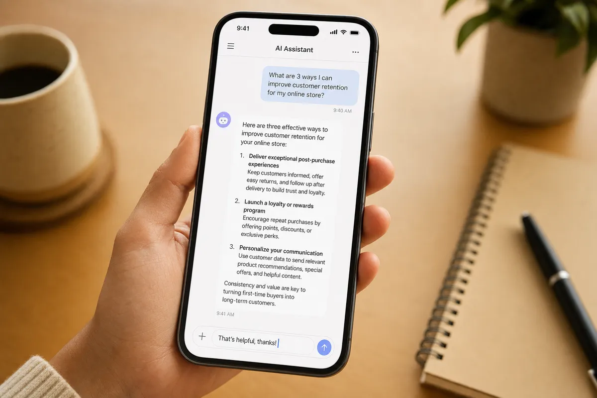 A phone screen showing a simple, friendly AI chat interface — demonstrating how accessible AI tools look for everyday users