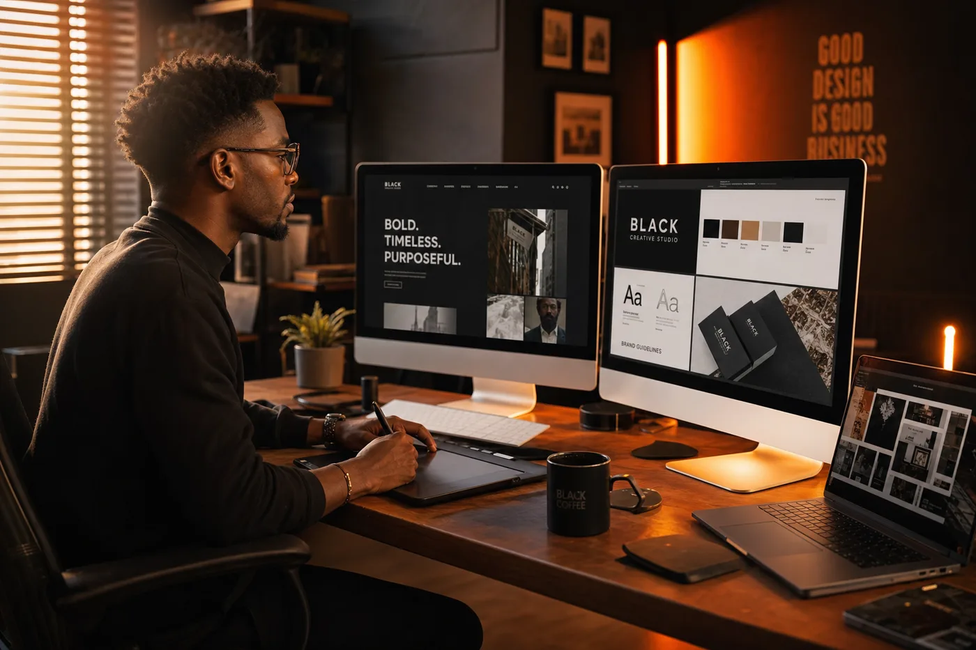 Professional South African designer working at a modern studio desk with dual monitors showing brand and web design work